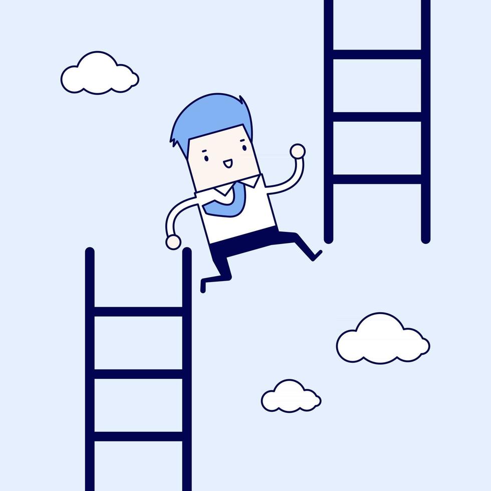 hombre de negocios salta de escalera baja a escalera alta. vector de estilo de línea fina de personaje de dibujos animados.