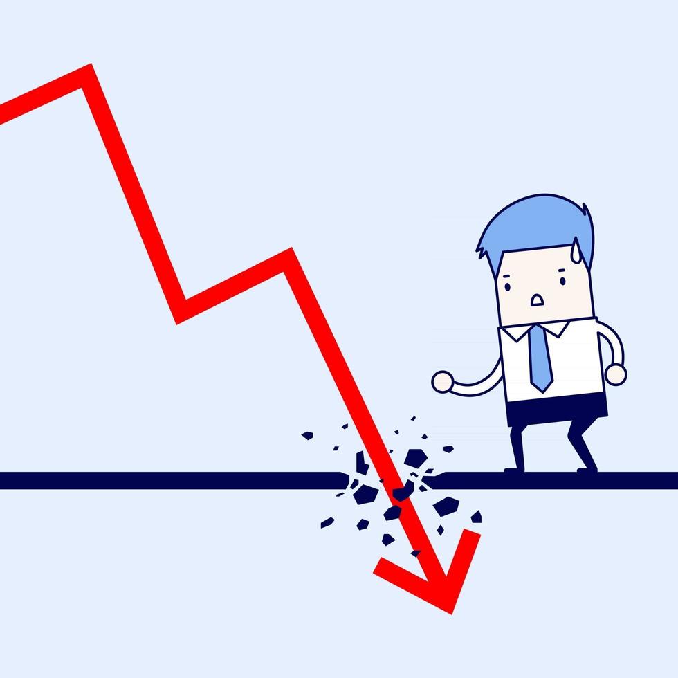 empresario mirando la flecha que cae. definición de colapso económico. vector de estilo de línea fina de personaje de dibujos animados.