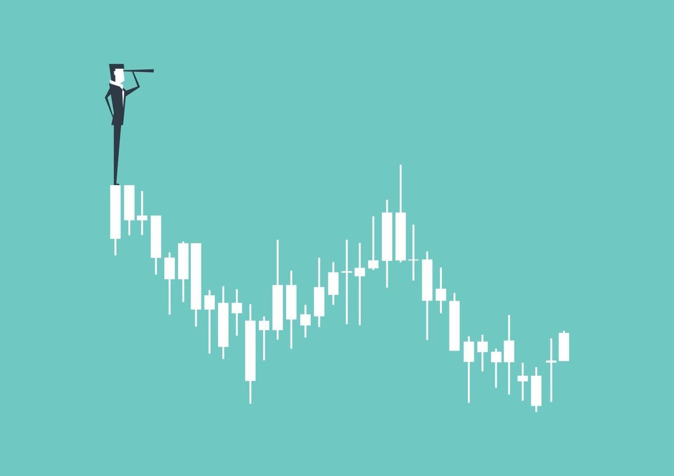 Businessman looking through telescope on the top of the finance candle graph. vector