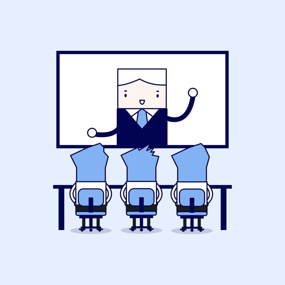 Businessmen sitting on chair, boss speaking from digital flat screen. Video conference. Cartoon character thin line style vector. vector