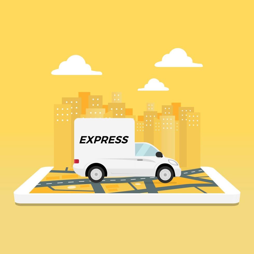 Express delivery service by truck on mobile phone. vector