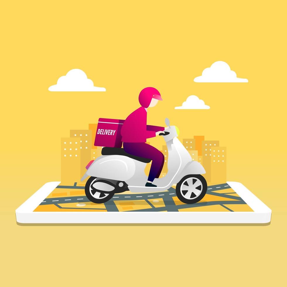 servicio de comida a domicilio en scooter con mensajería. mensajero de hombre montando scooter con caja de paquetería en el teléfono móvil y el fondo de la ciudad. aplicación de servicio de entrega en el teléfono móvil. vector