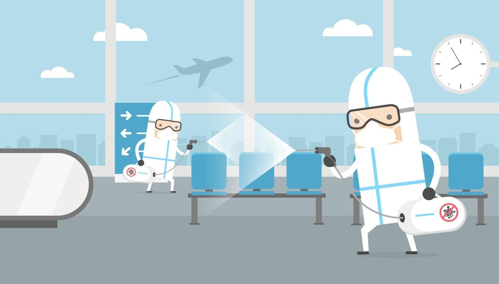 Medical worker with full of personal protection equipment cleaning and disinfecting to prevent COVID-19 in Airport terminal. vector