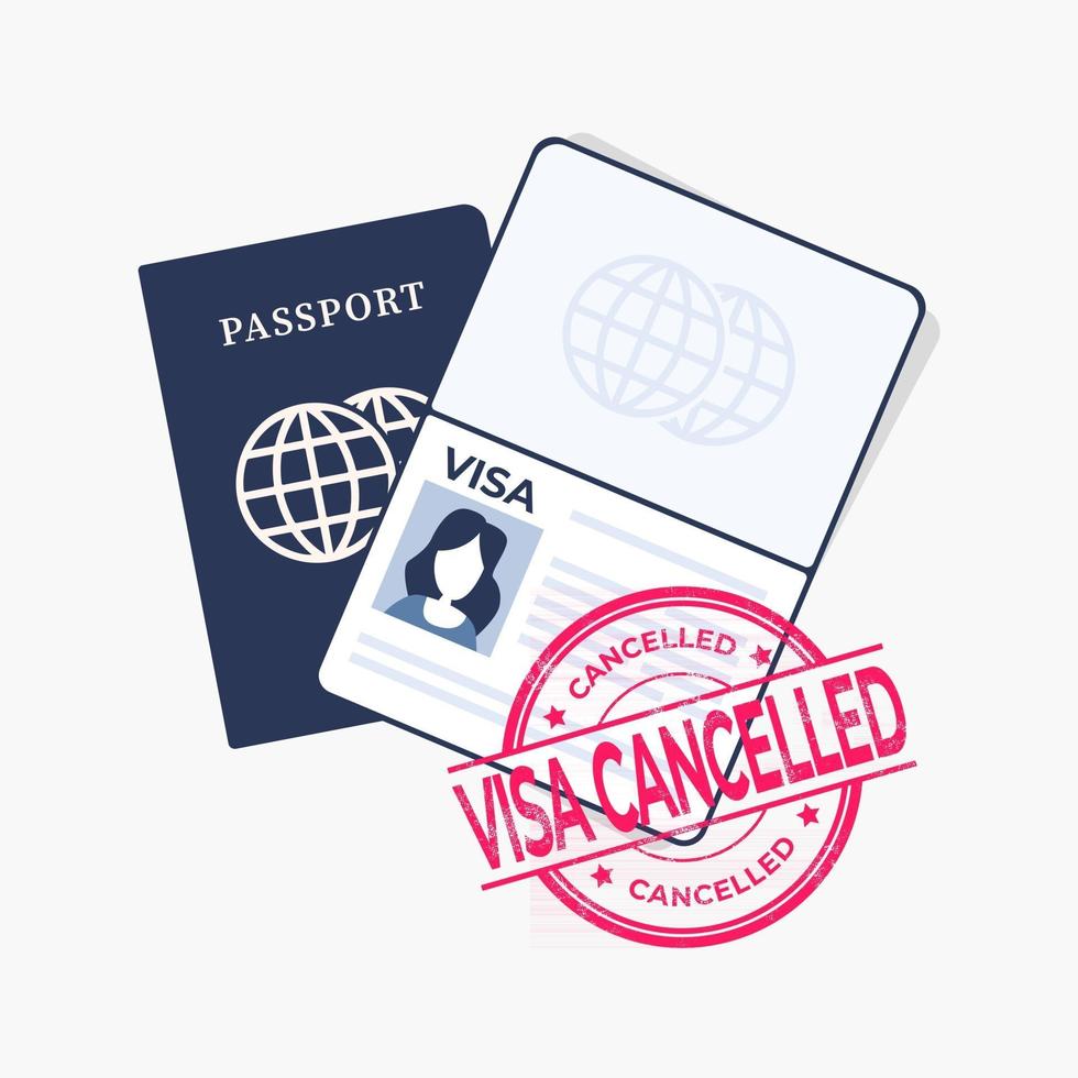 Passport with red stamped, visa cancelled. vector