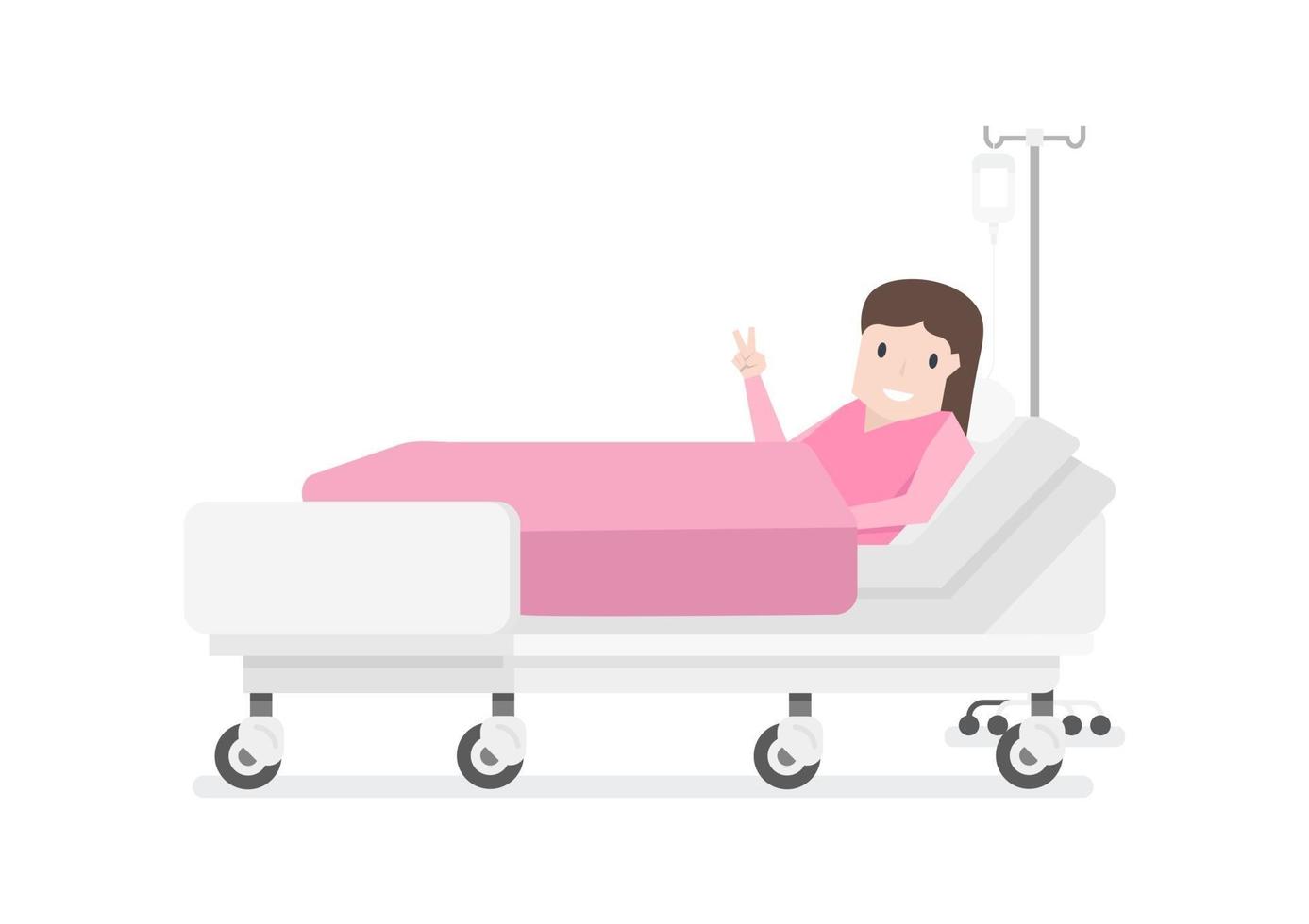 The female patient lay in the hospital bed, raised his hands up with two fingers. vector