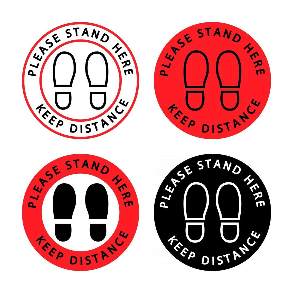 Please Stand Here. Keep Your Distance. Icons of people's feet with keeping the social distance concept. Footprint floor sticker, keep distance, waiting in line, stand here. Vector