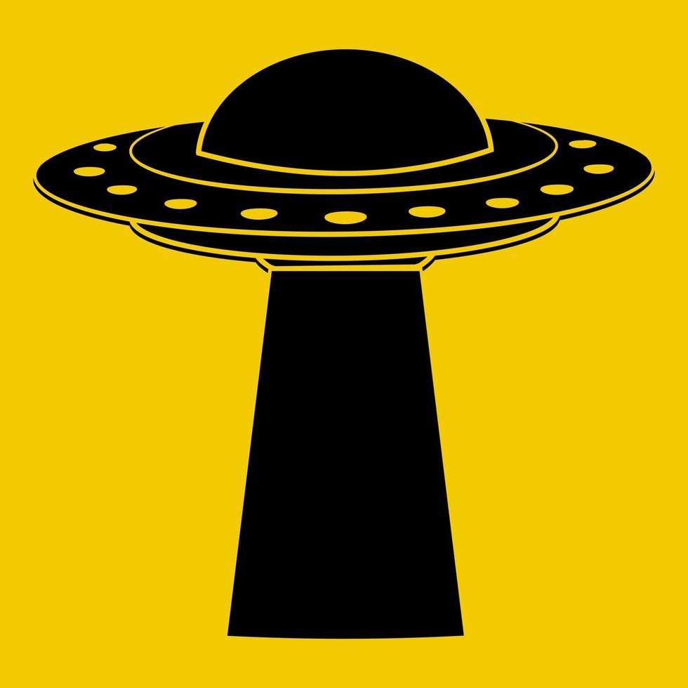 UFO. Flying spaceship in black color. UFO render. Flying saucer. Alien space ship in glyph style, isolated on yellow background vector