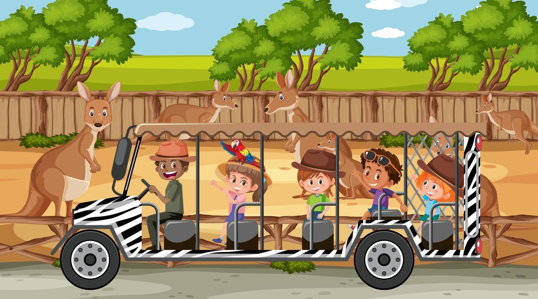 Safari scene with kids on tourist car watching kangaroo group vector