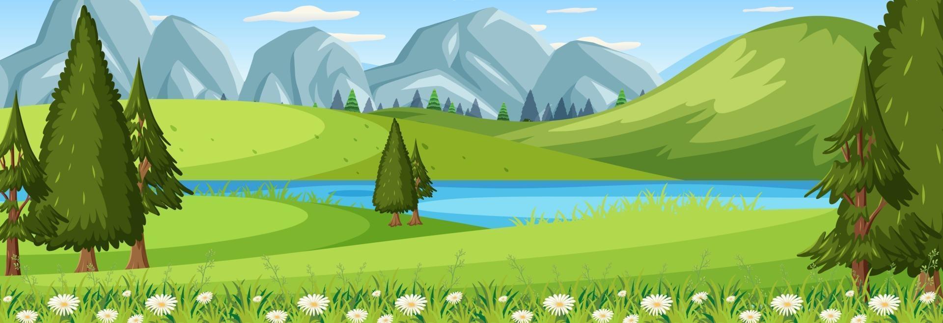 Panorama landscape scene with river flowing through in the meadow vector