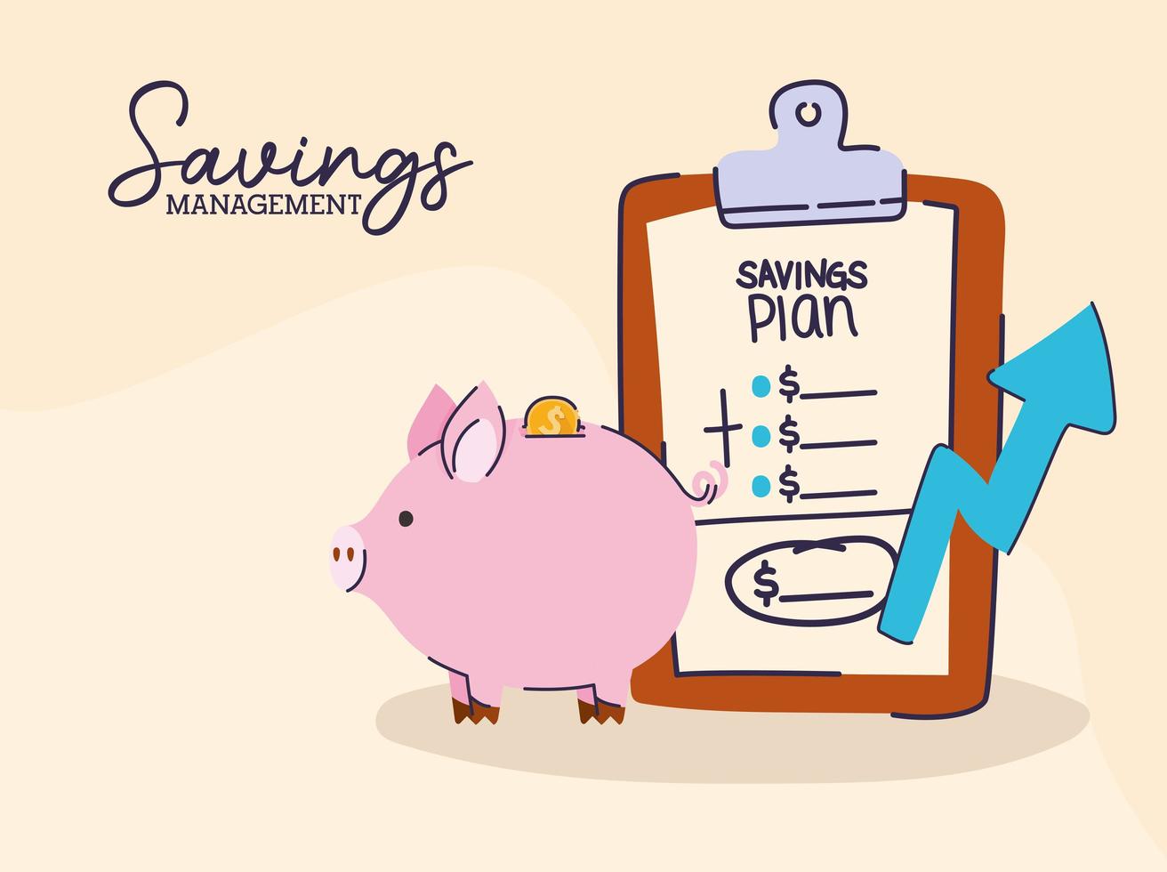 bundle of saving management icons and saving management lettering on a beige background vector