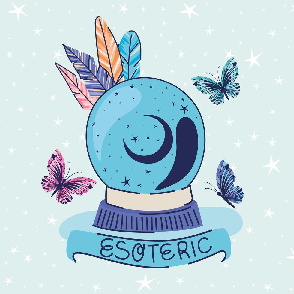 crystal ball, feathers, butterflys and esoteric lettering on a ribbon vector