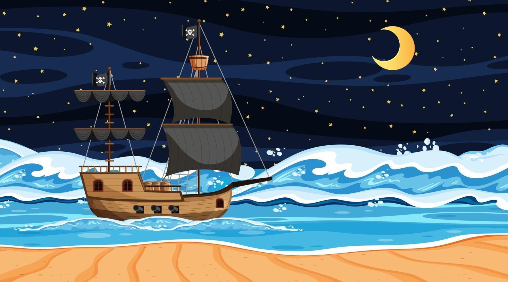 Ocean with Pirate ship at night scene in cartoon style vector