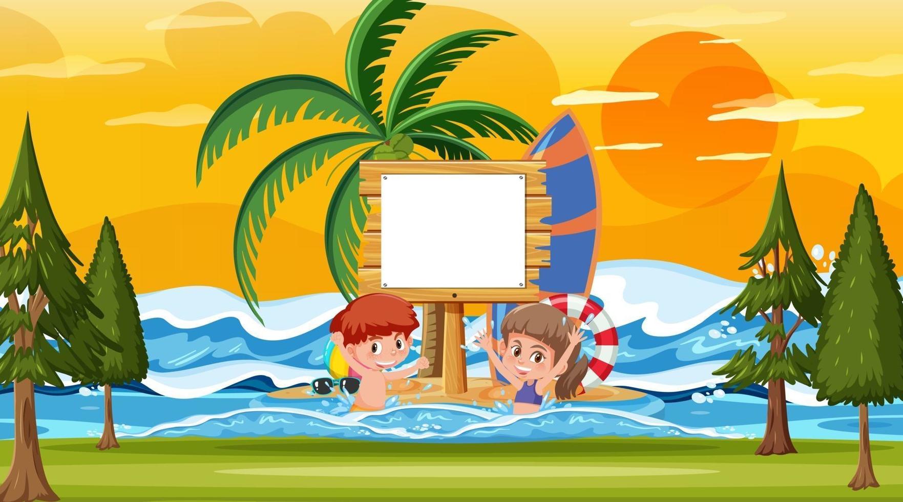 Empty banner template with kids on vacation at the beach sunset scene vector