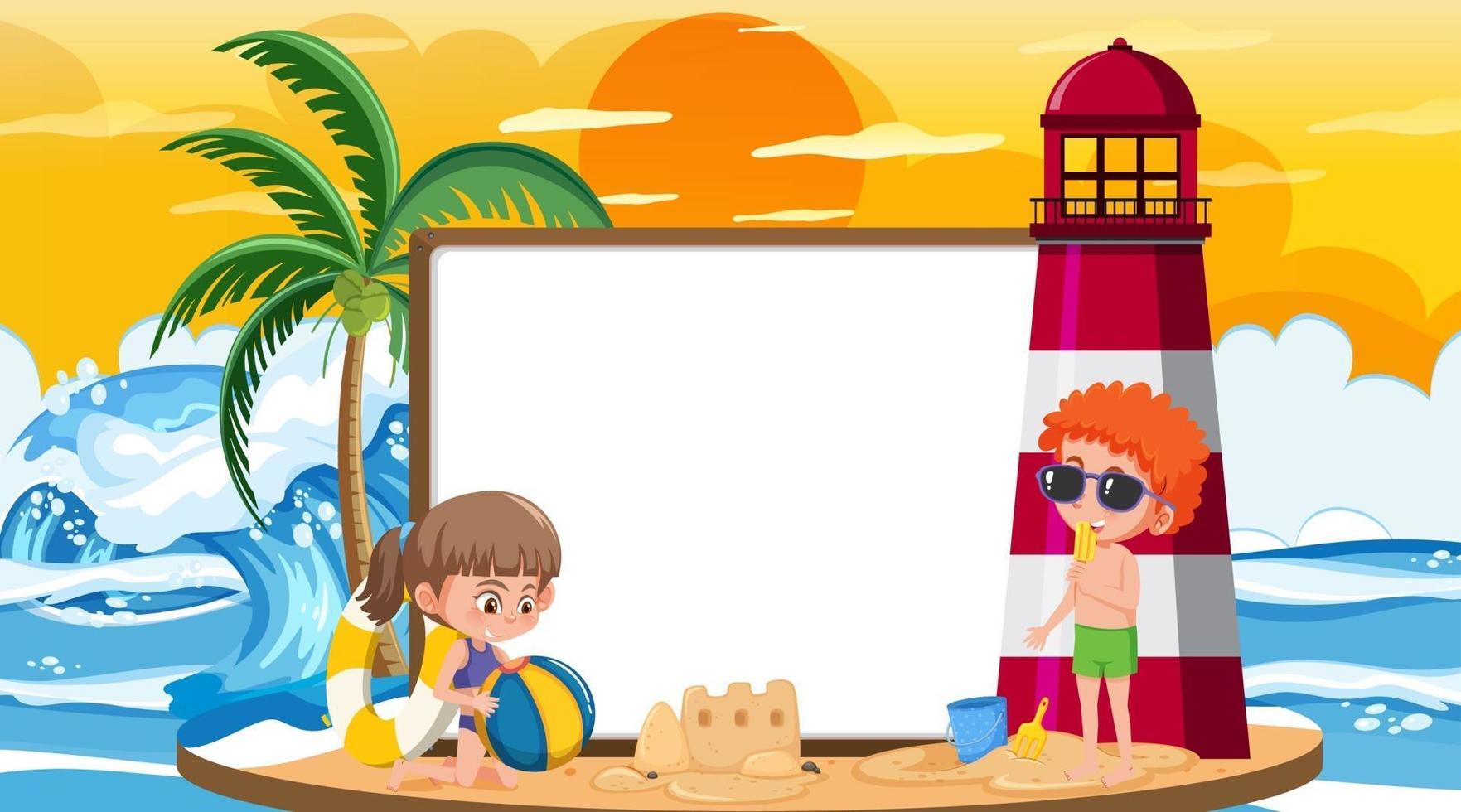 Plantilla de banner vacío con niños de vacaciones en la escena del atardecer en la playa vector