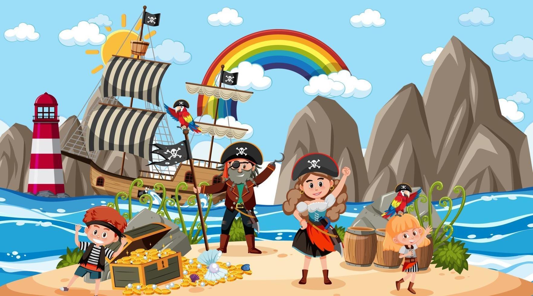 Treasure Island scene at daytime with Pirate kids vector