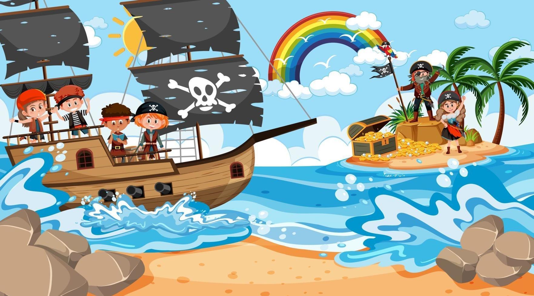 Treasure Island scene at daytime with Pirate kids on the ship vector