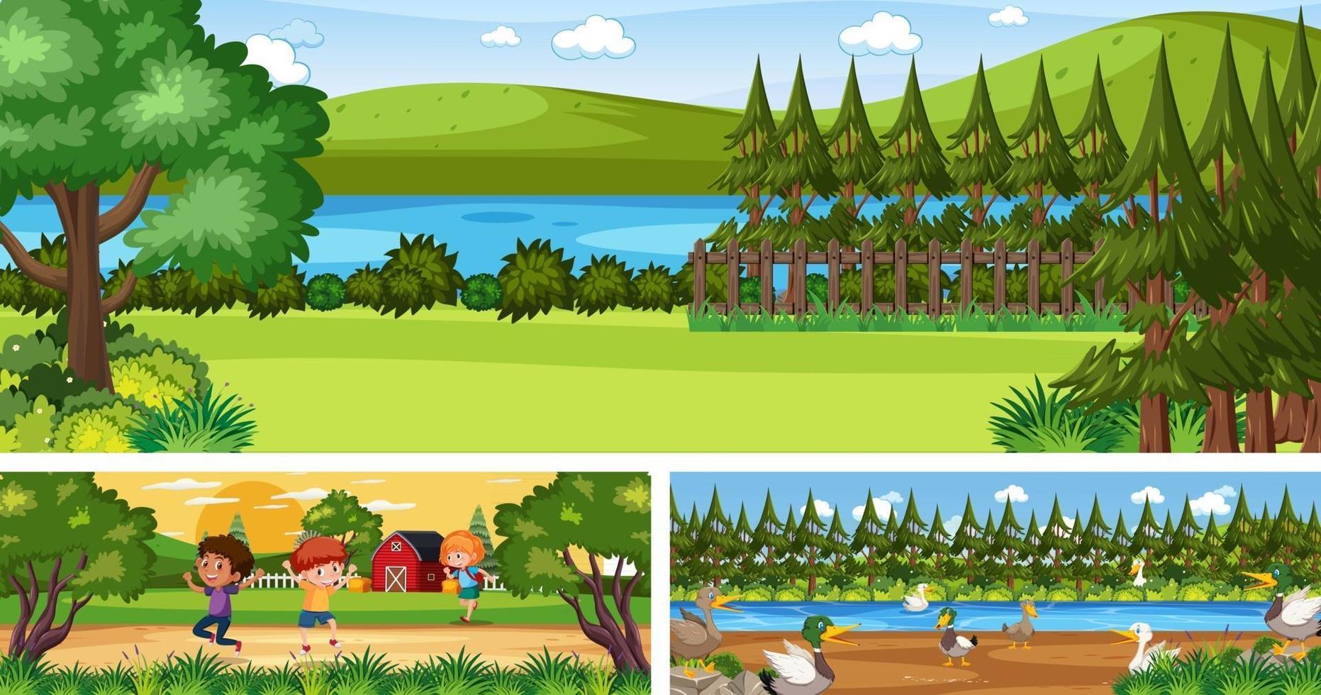 Set of different outdoor landscape scenes with cartoon character vector