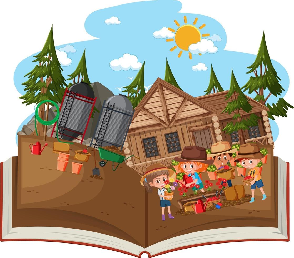 Open book with many children in the garden vector