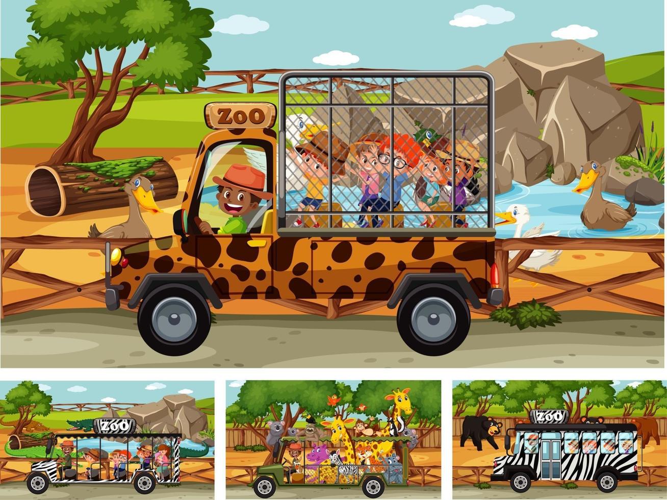 Different safari scenes with animals and kids cartoon character vector