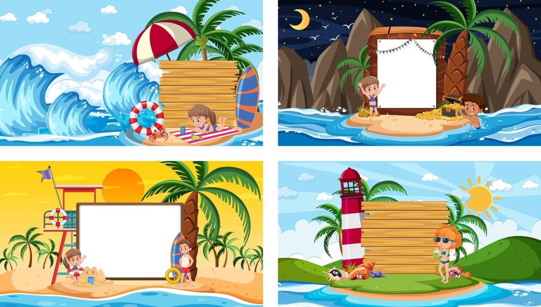 Set of different tropical beach scenes with blank banner vector