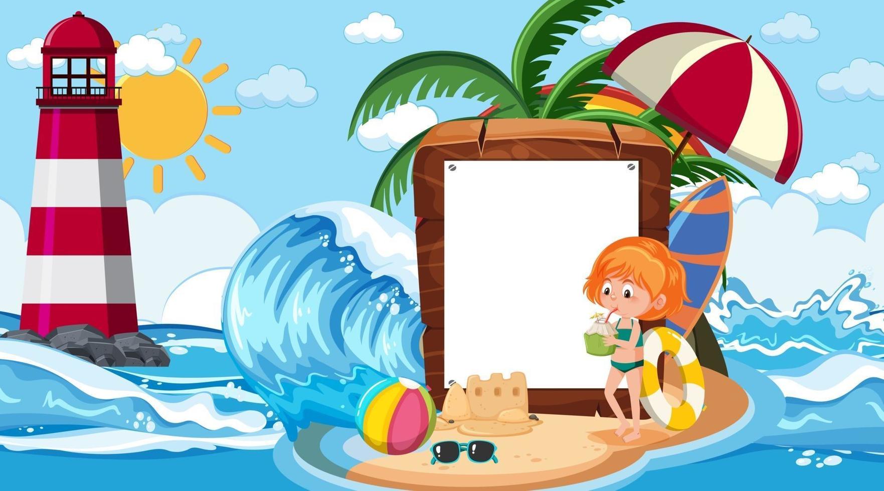 Plantilla de banner vacío con niños de vacaciones en la escena diurna de la playa vector