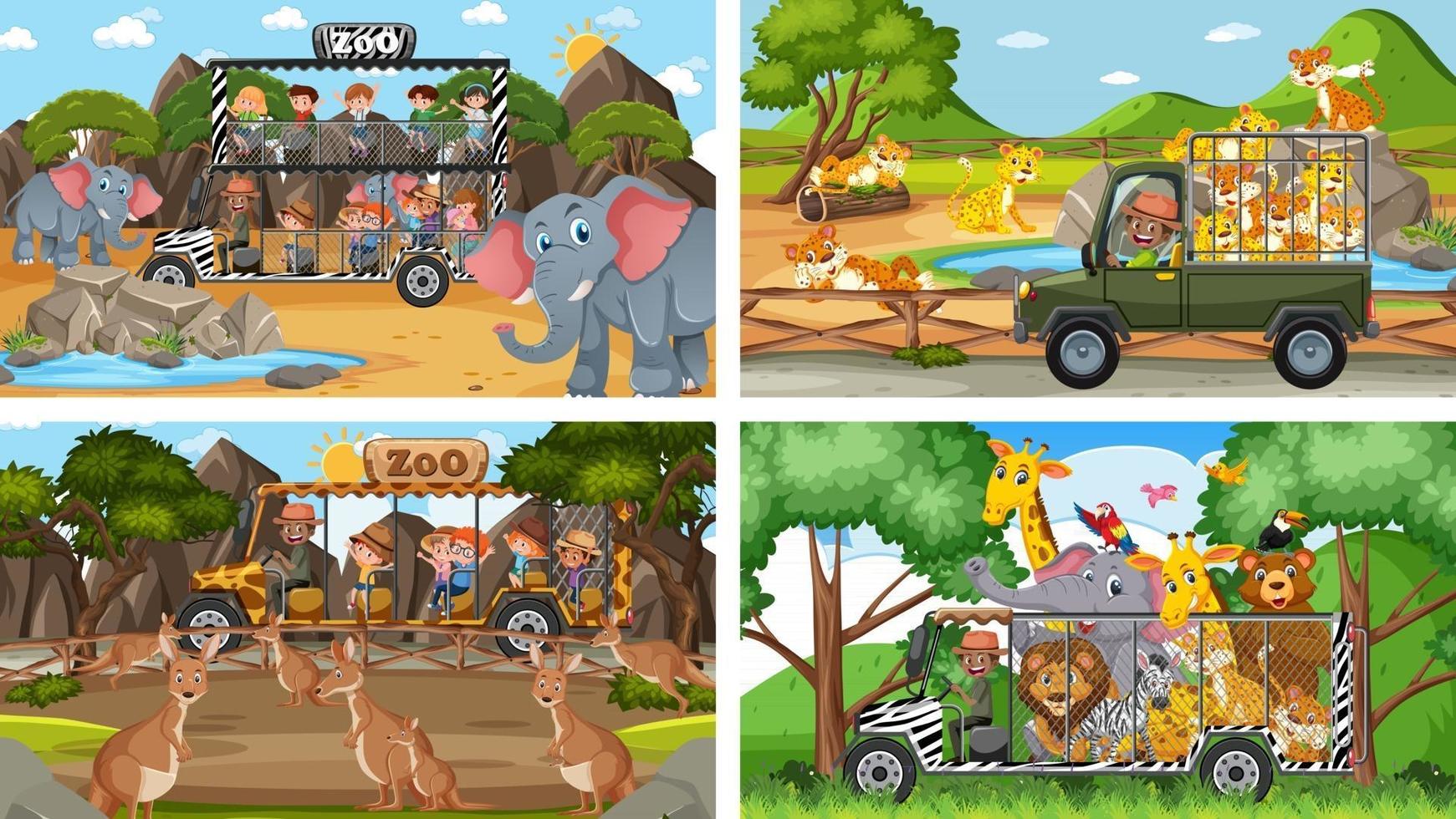Four different zoo scenes with kids and animals vector
