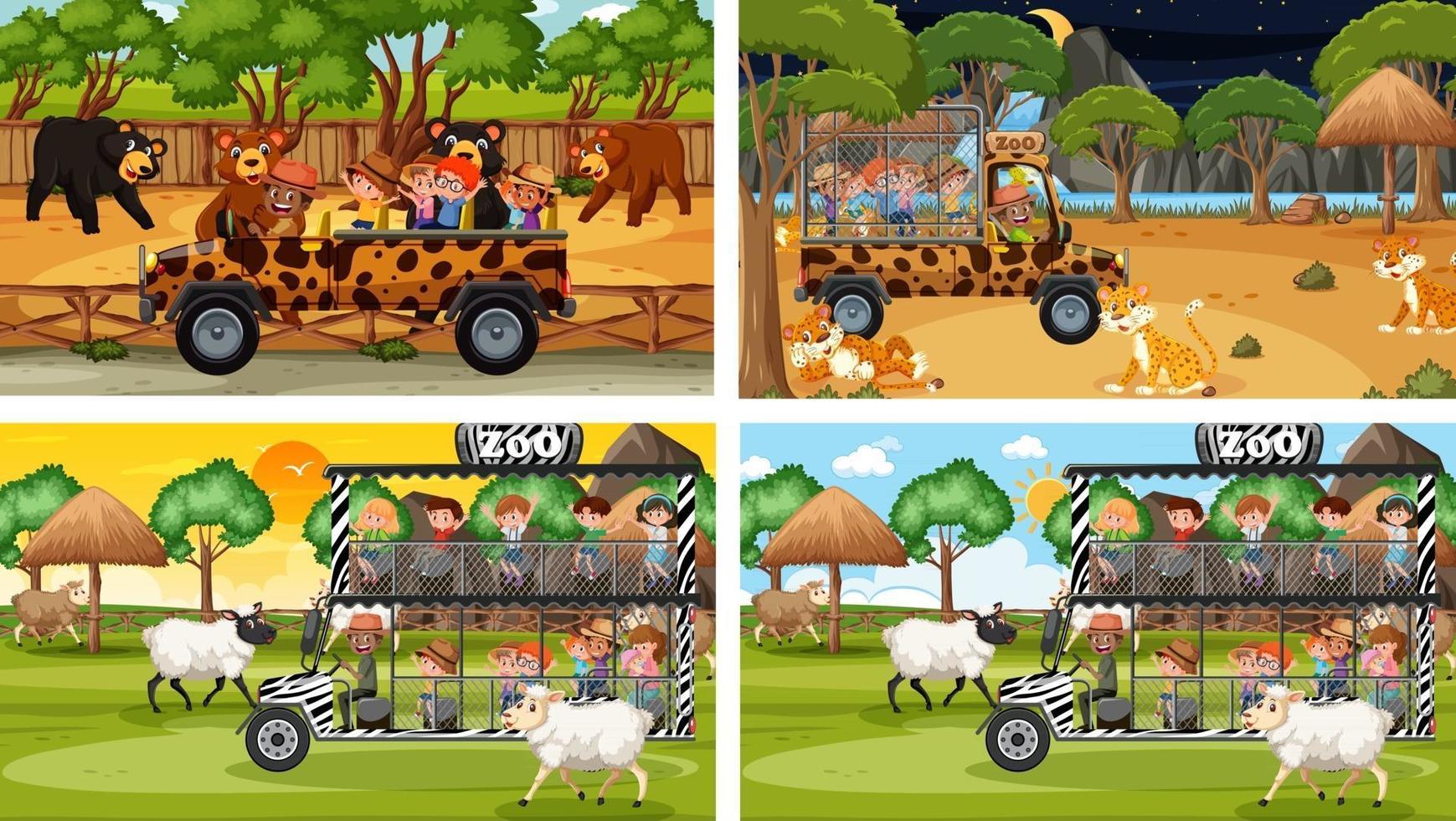 Conjunto de diferentes animales en escenas de safari con niños. vector