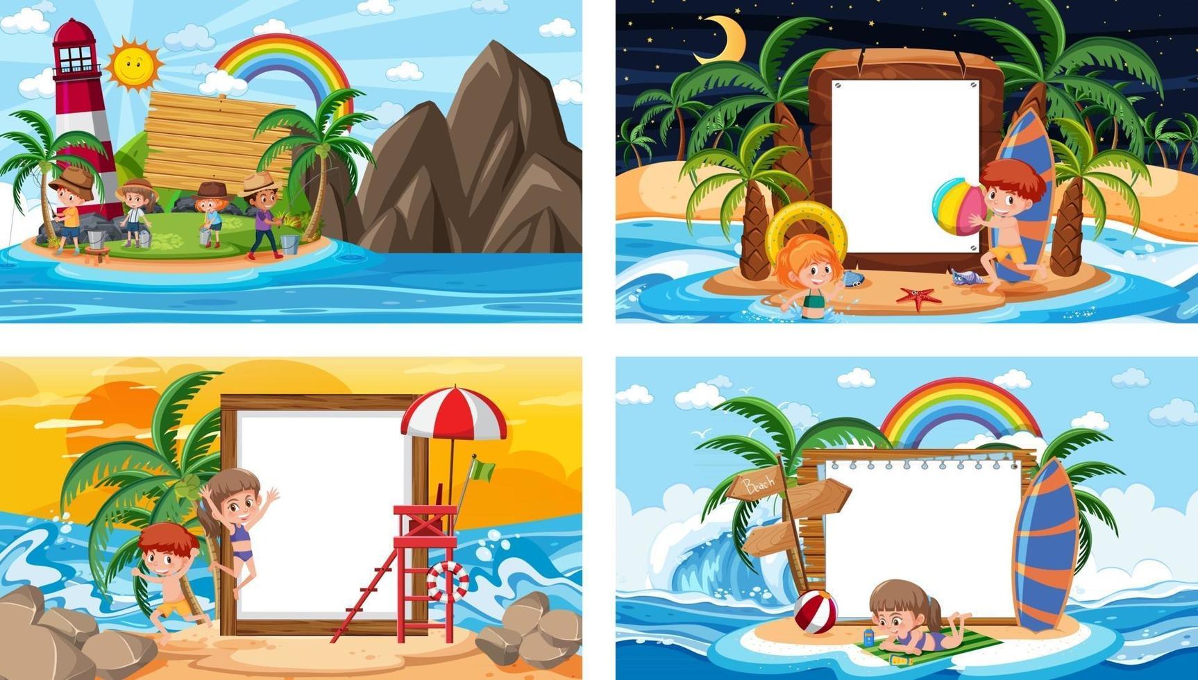 Set of different tropical beach scenes with blank banner vector