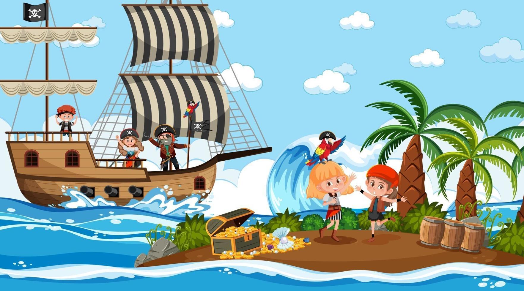 escena de la isla del tesoro durante el día con niños piratas vector