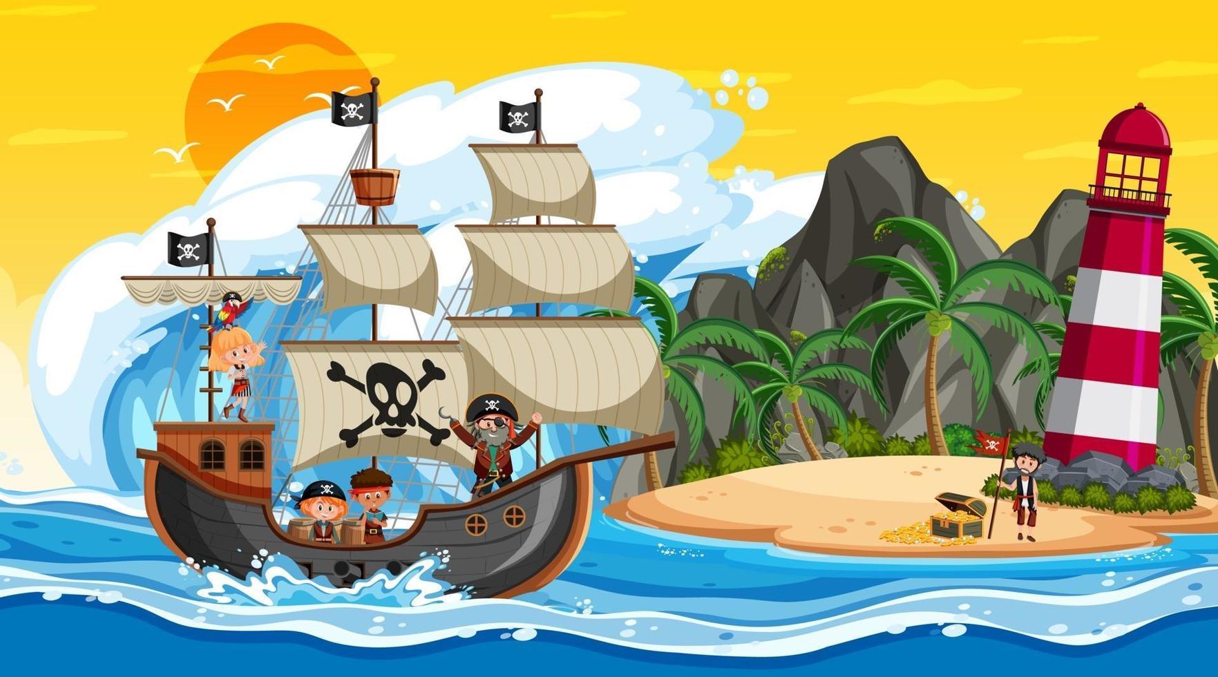 Island with Pirate ship at sunset scene in cartoon style vector