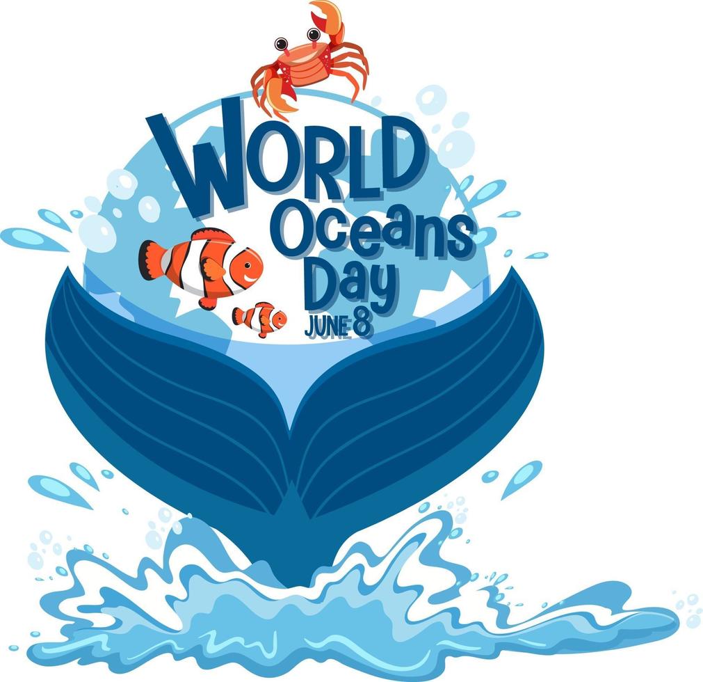 banner del día mundial del océano con cola de ballena aislado vector