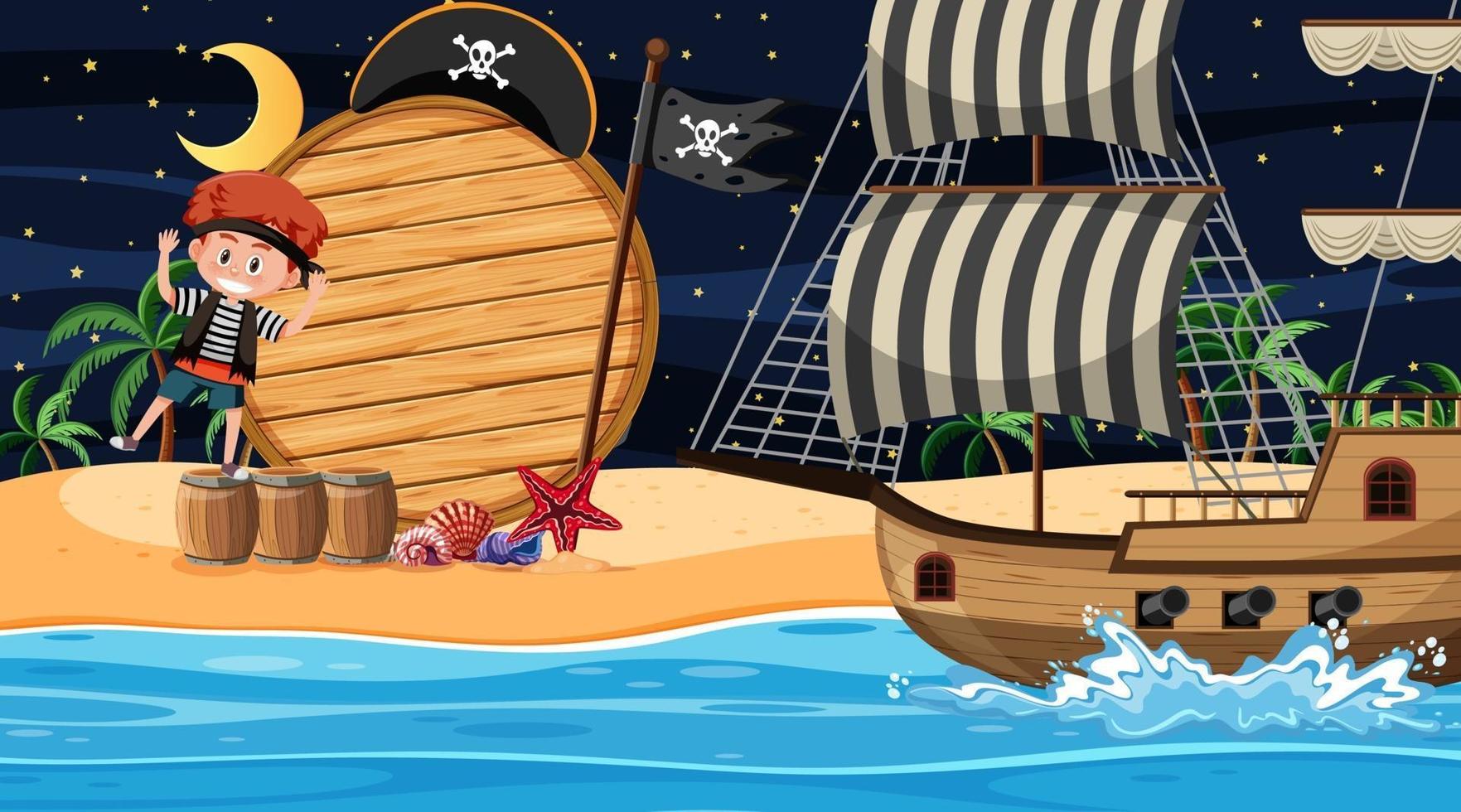 Pirate kids at the beach night scene with an empty wooden banner template vector