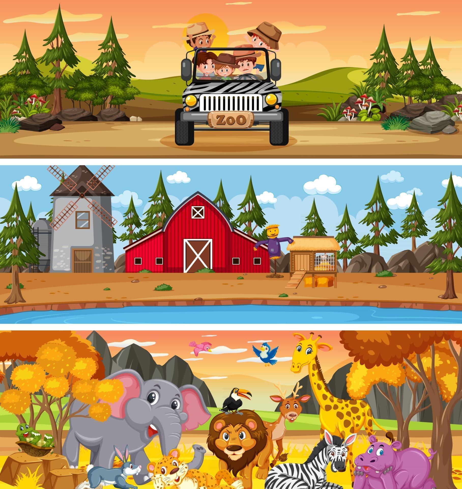 Different nature landscape at daytime scene with cartoon character