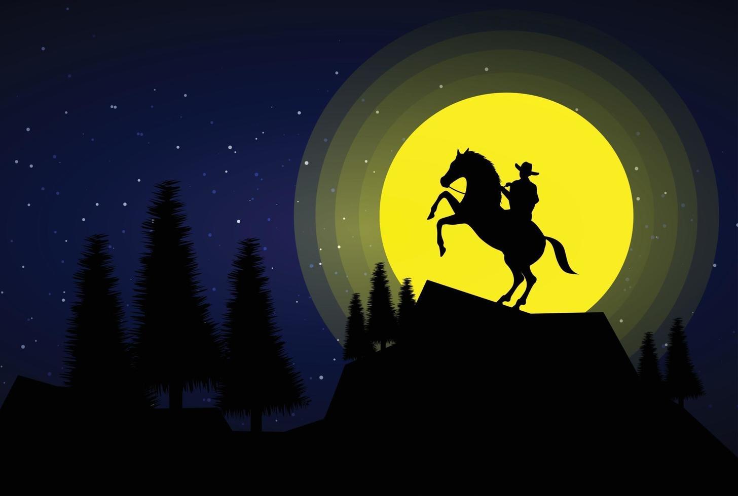 vaquero americano con caballo salvaje oeste luna fondo de paisaje nocturno vector