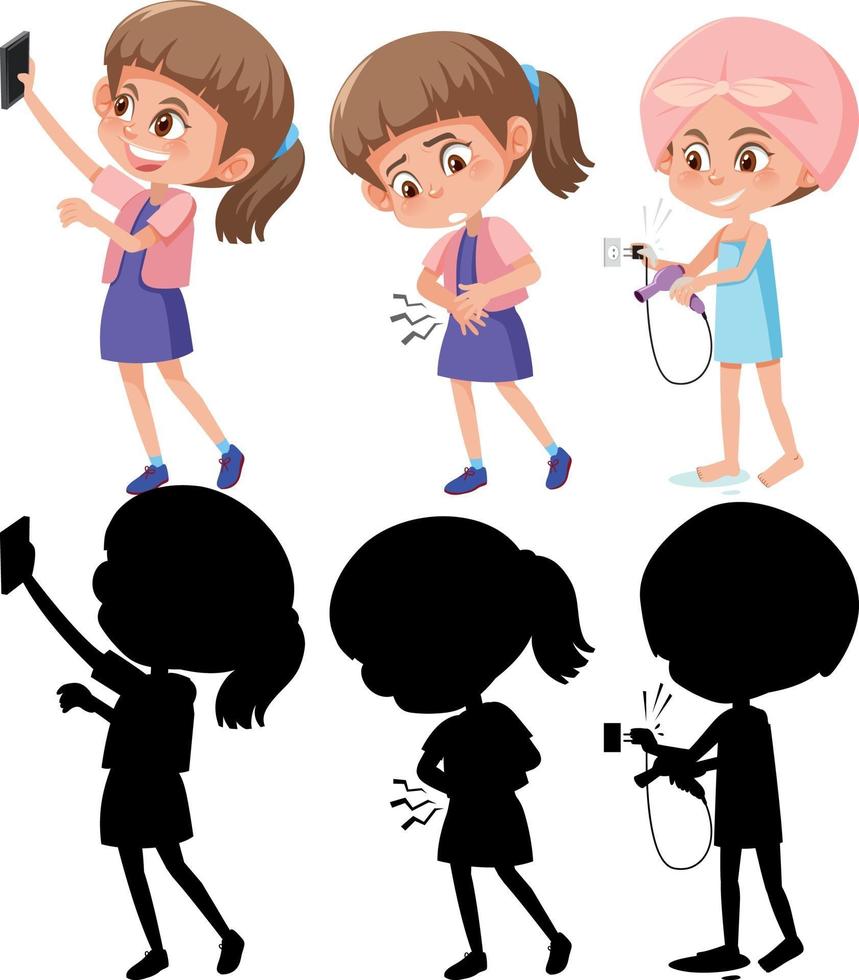 Set of a girl cartoon character doing different activities with its silhouette vector
