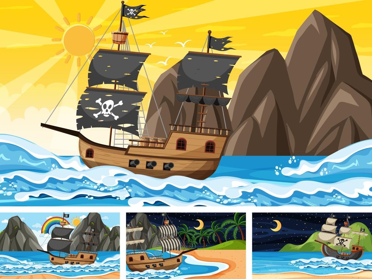 Set of Ocean with Pirate ship at different times scenes  in cartoon style vector