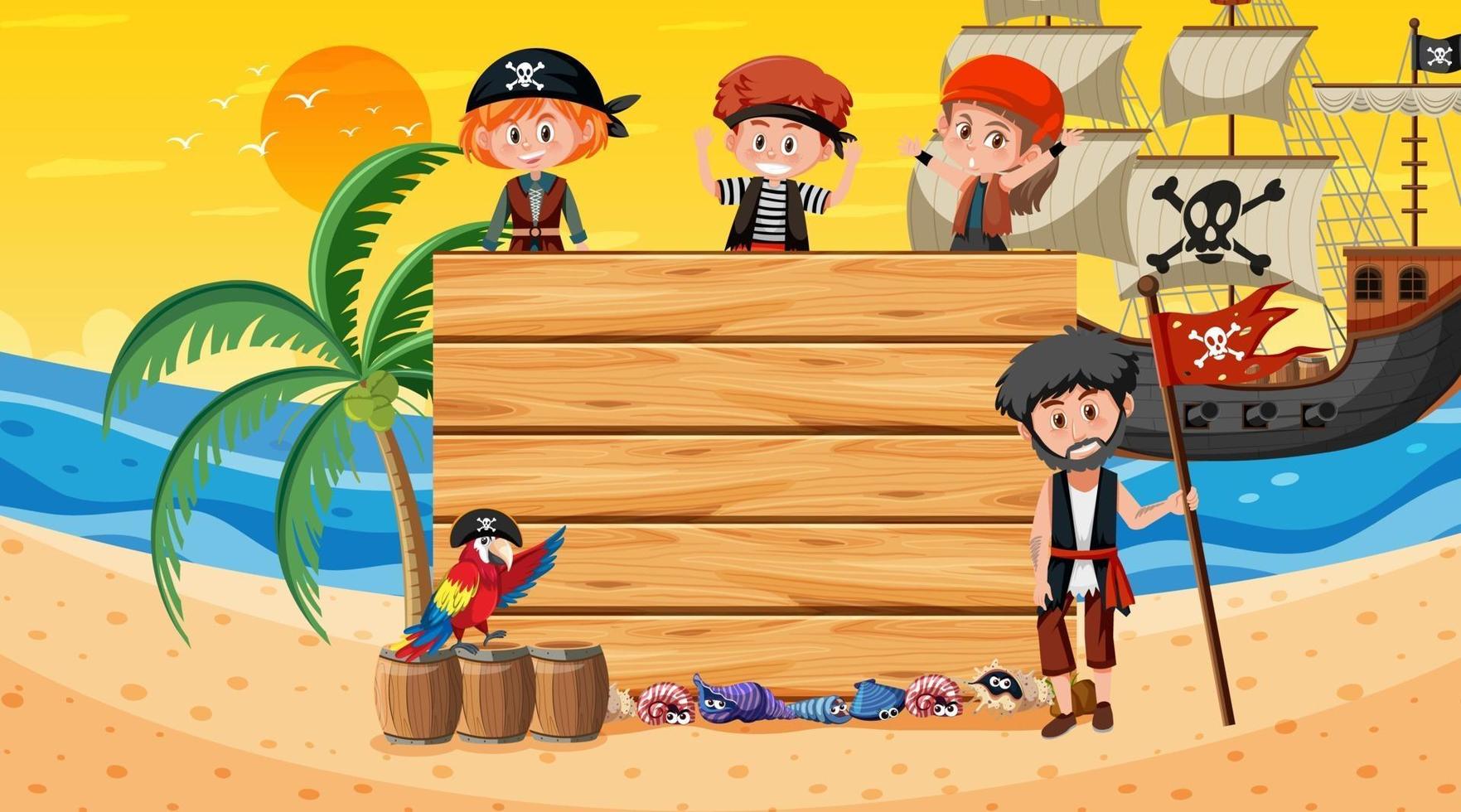 Plantilla de banner vacío con niños piratas en la escena del atardecer en la playa vector