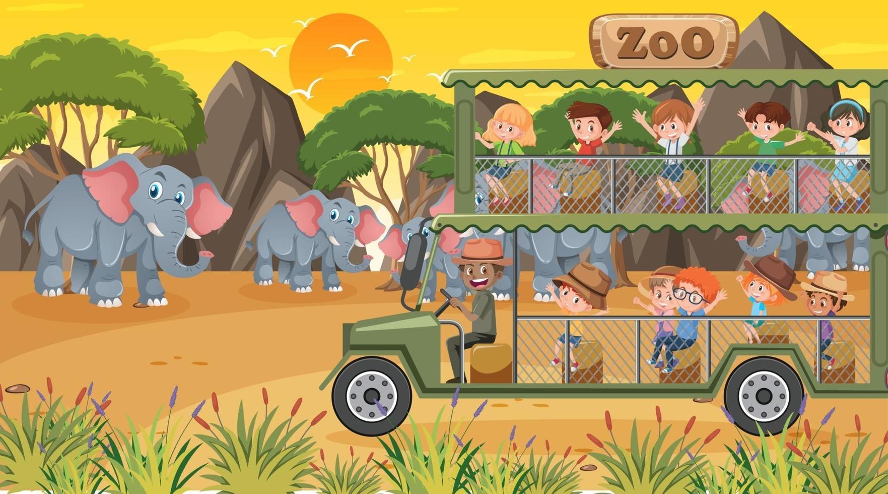 zoológico al atardecer con muchos niños viendo el grupo de elefantes vector