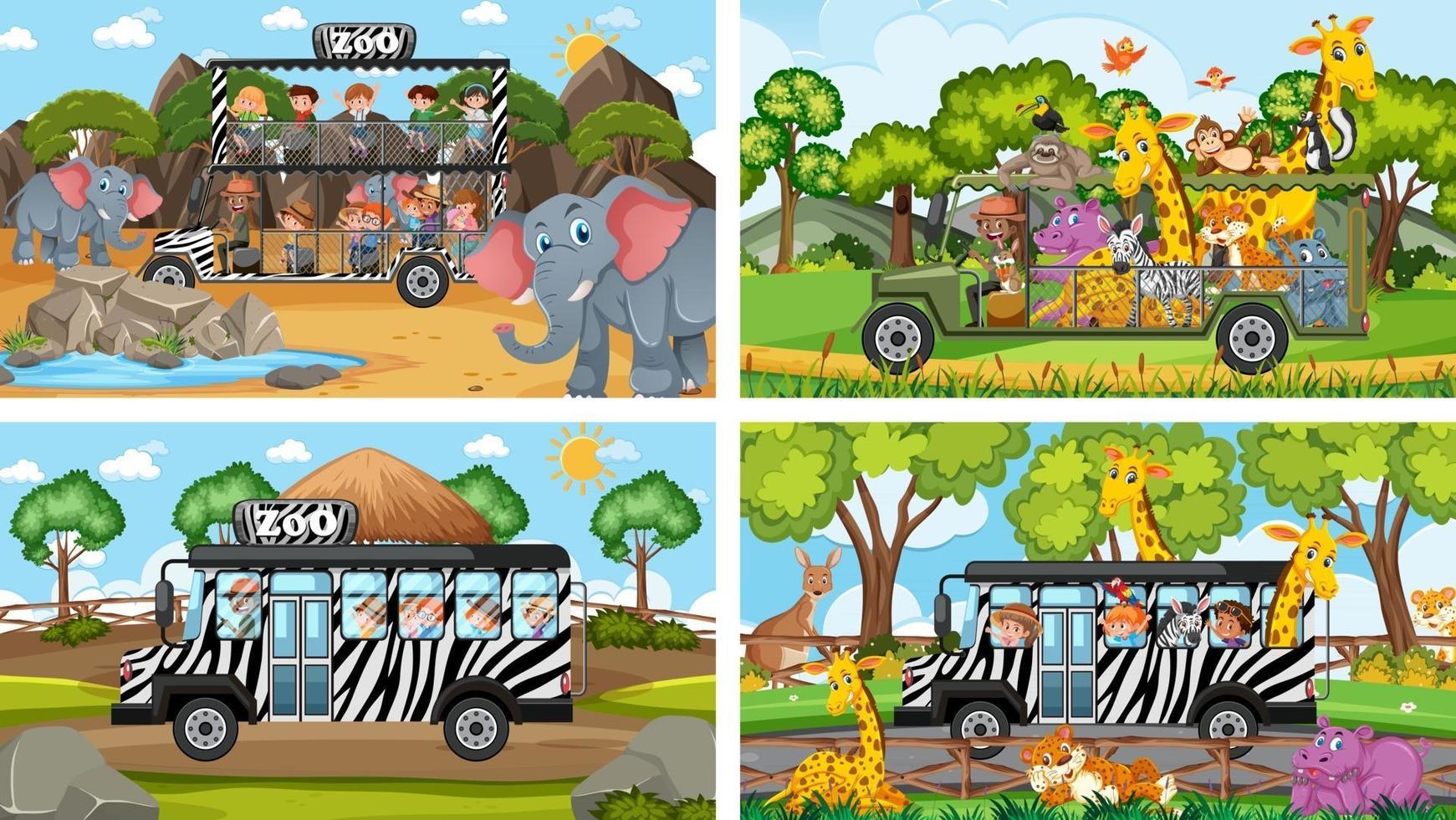Four different zoo scenes with kids and animals vector