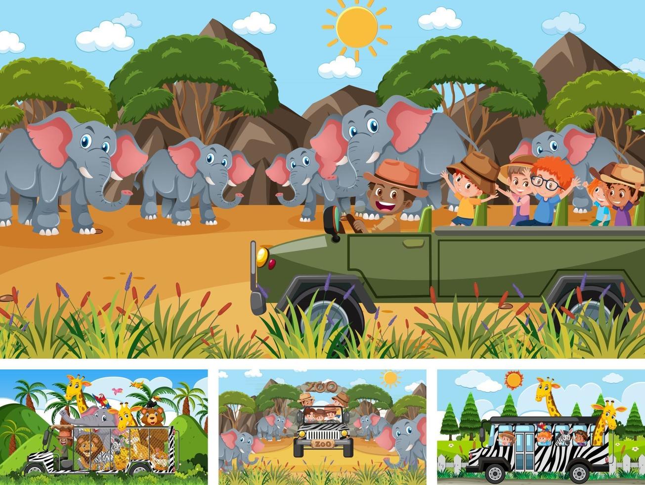 Four different zoo scenes with kids and animals vector