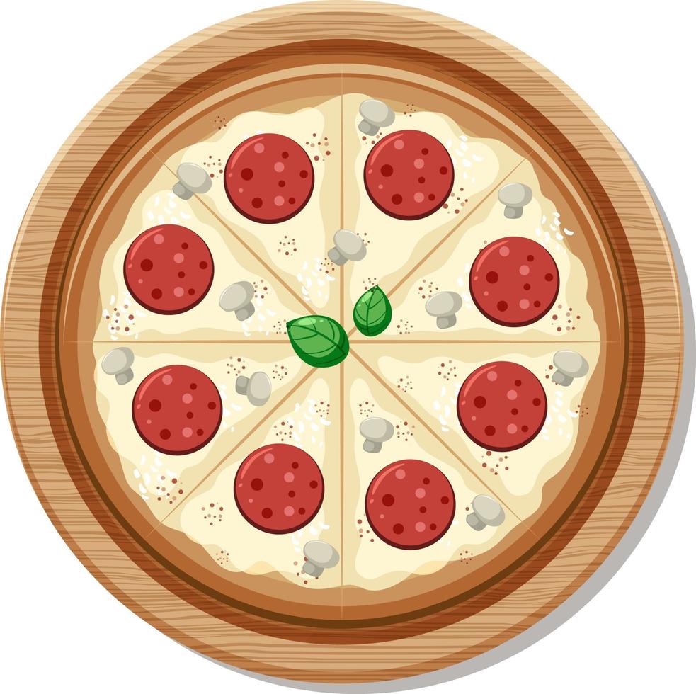 A whole pizza with pepperoni topping on wooden plate isolated vector