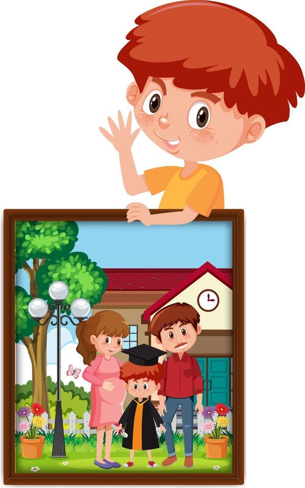 personaje de dibujos animados de un niño sosteniendo su foto de graduación vector