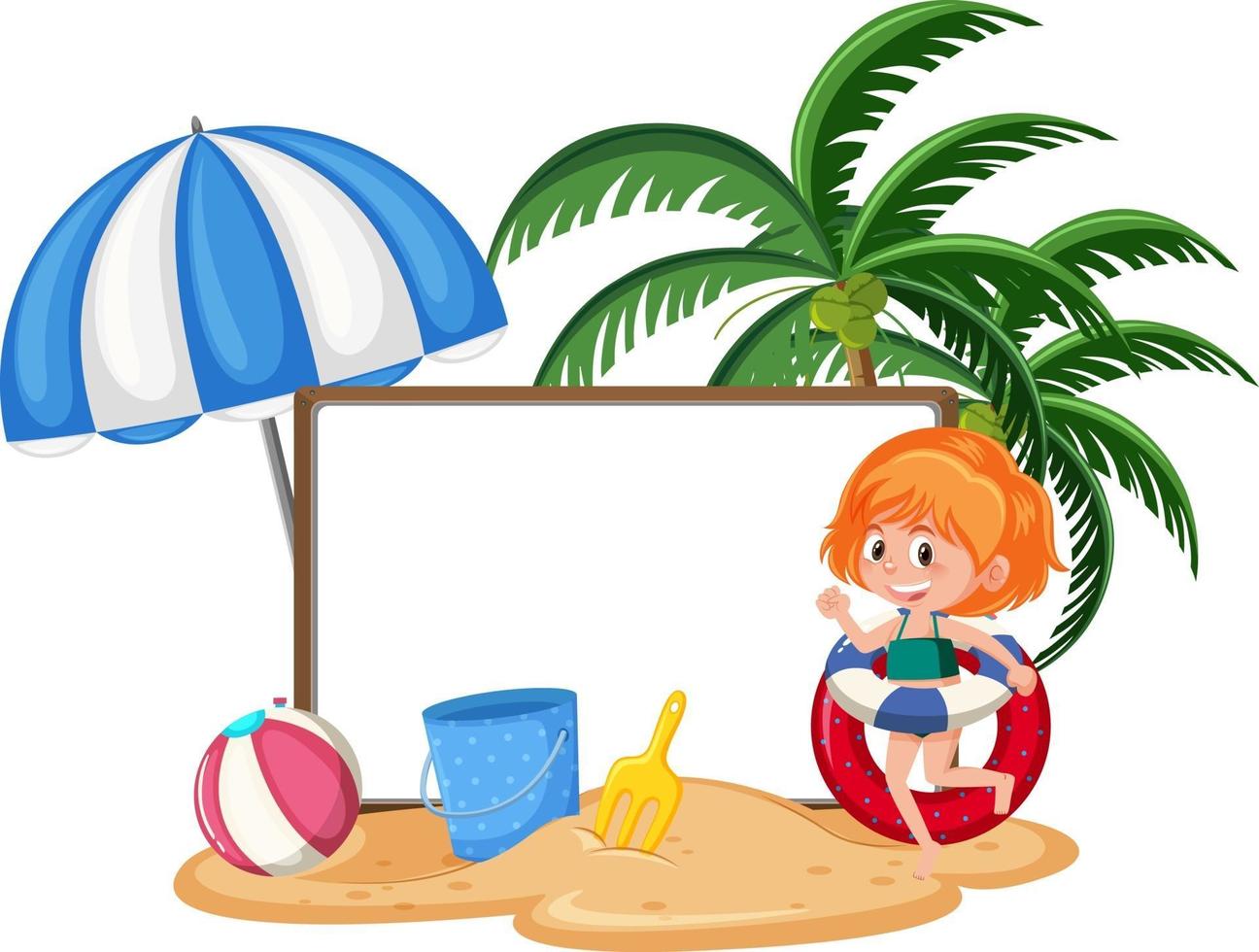 Plantilla de banner vacío con carácter de niños en vacaciones de verano en la playa sobre fondo blanco. vector