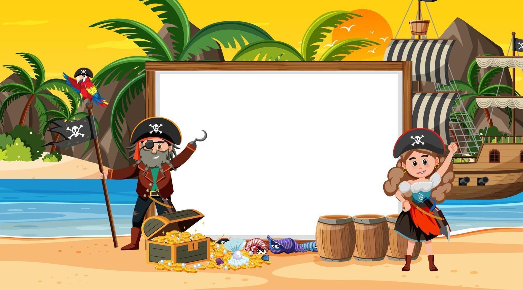 Empty banner template with pirate kids at the beach sunset scene vector