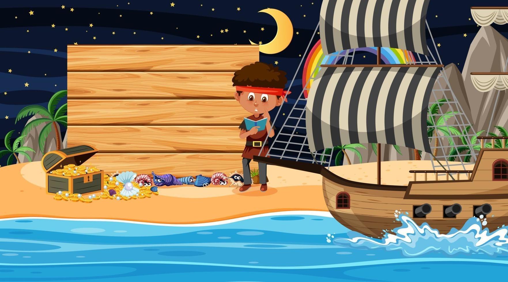 Pirate kids at the beach night scene with an empty wooden banner template vector