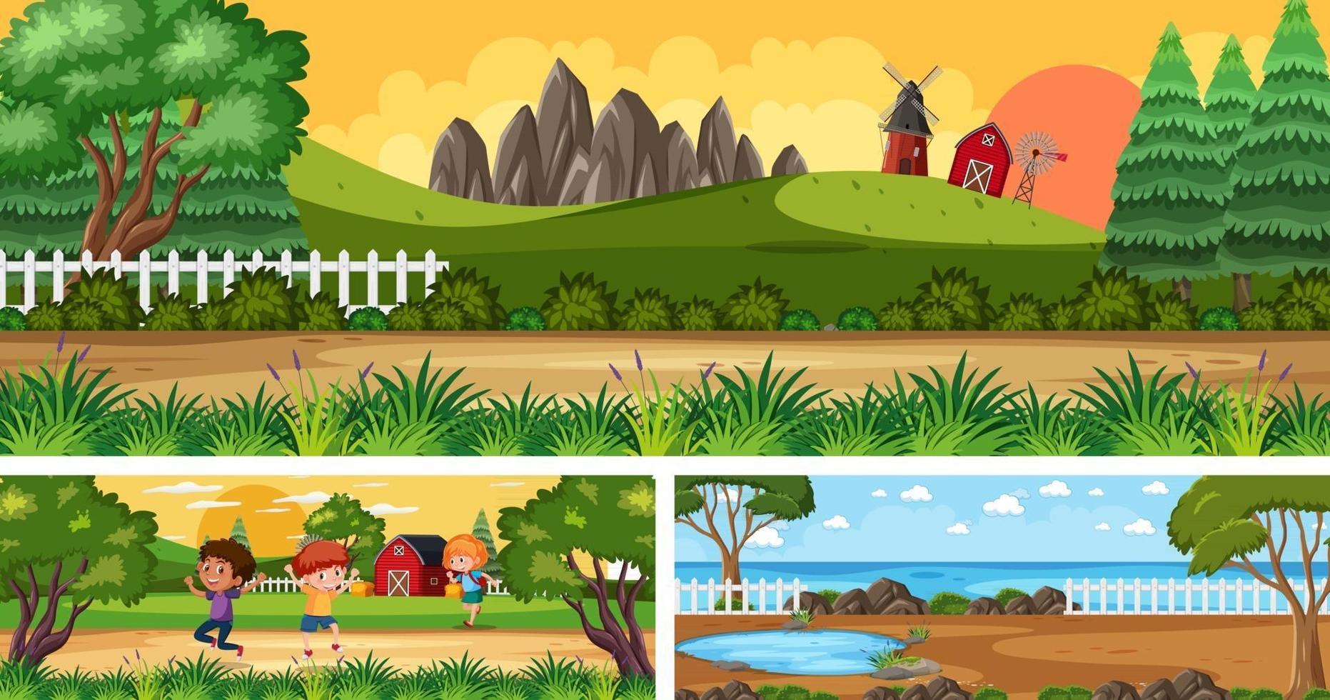 Set of different outdoor landscape scenes with cartoon character vector