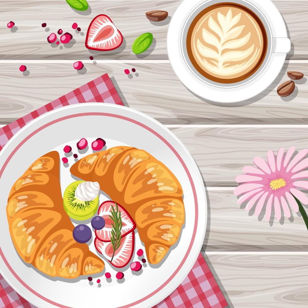 Breakfast croissant with fruits and a cup of coffee on the table vector