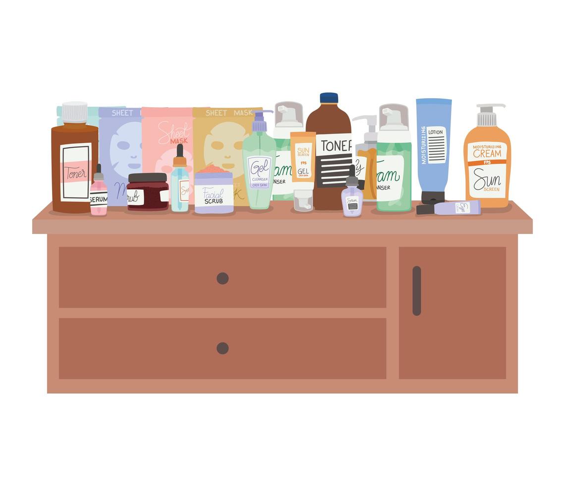 set of skincare icons on furniture with three drawers vector