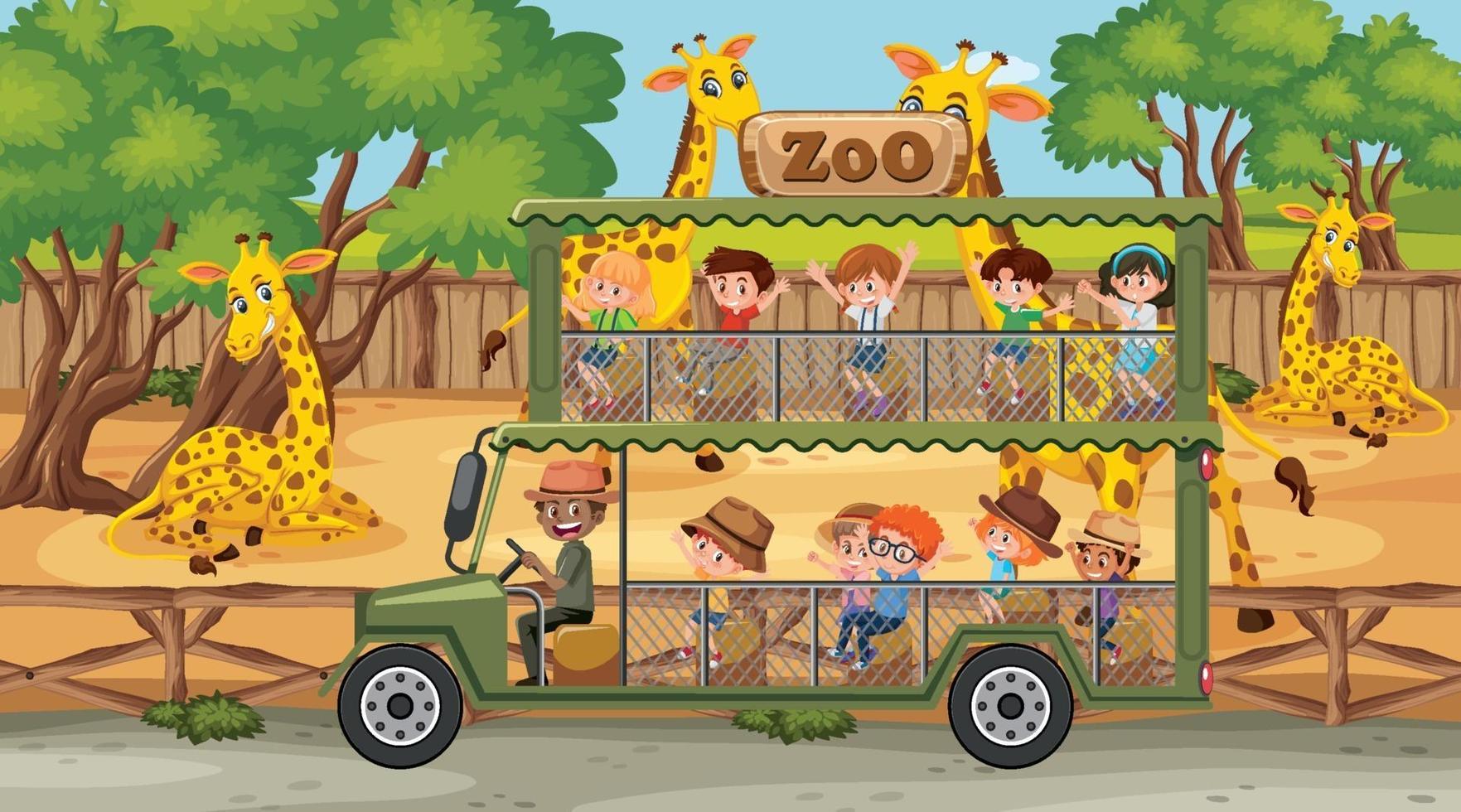 Safari scene with many giraffes and kids on tourist car vector