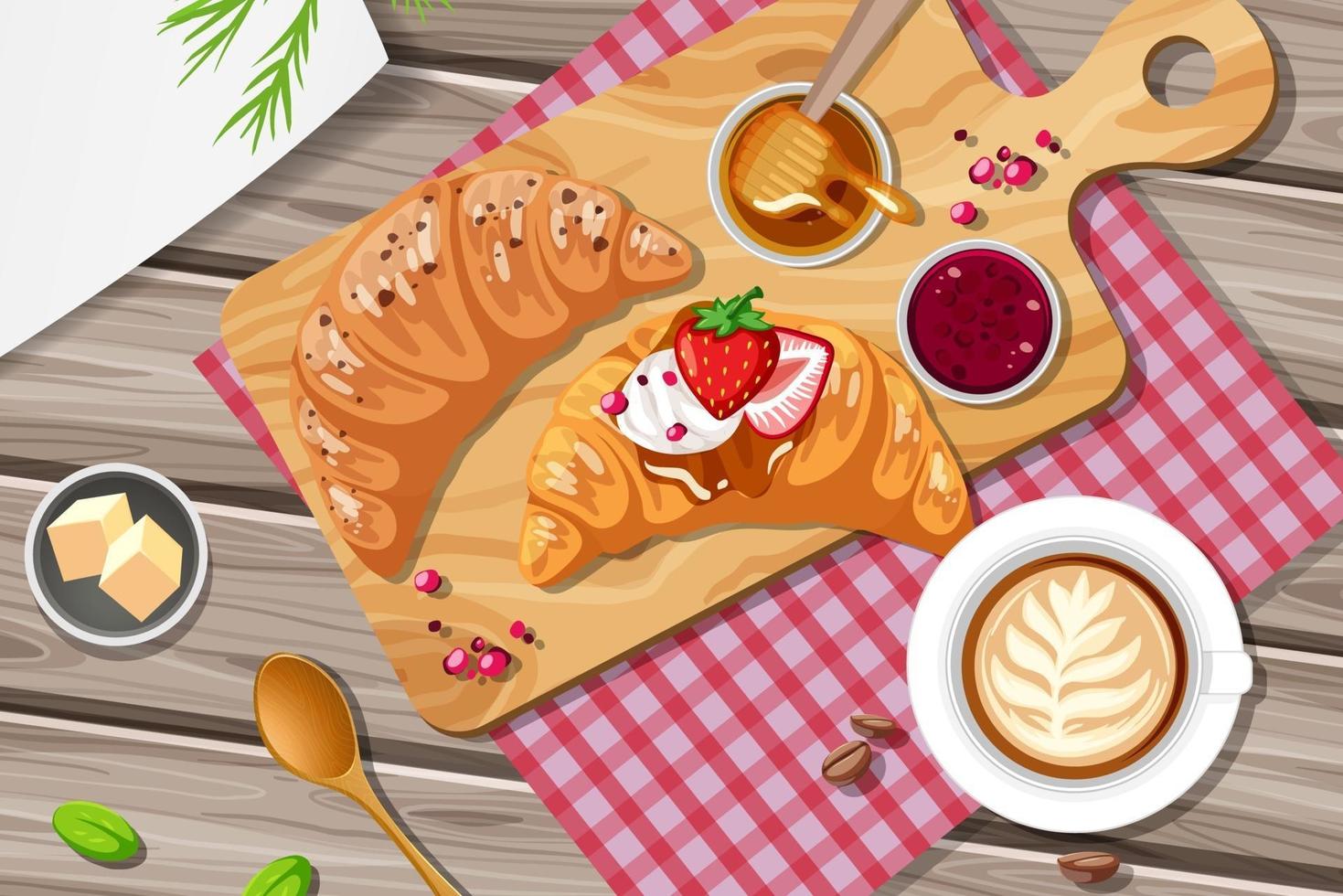 croissant de desayuno con mermelada de fresa y una taza de café sobre la mesa vector